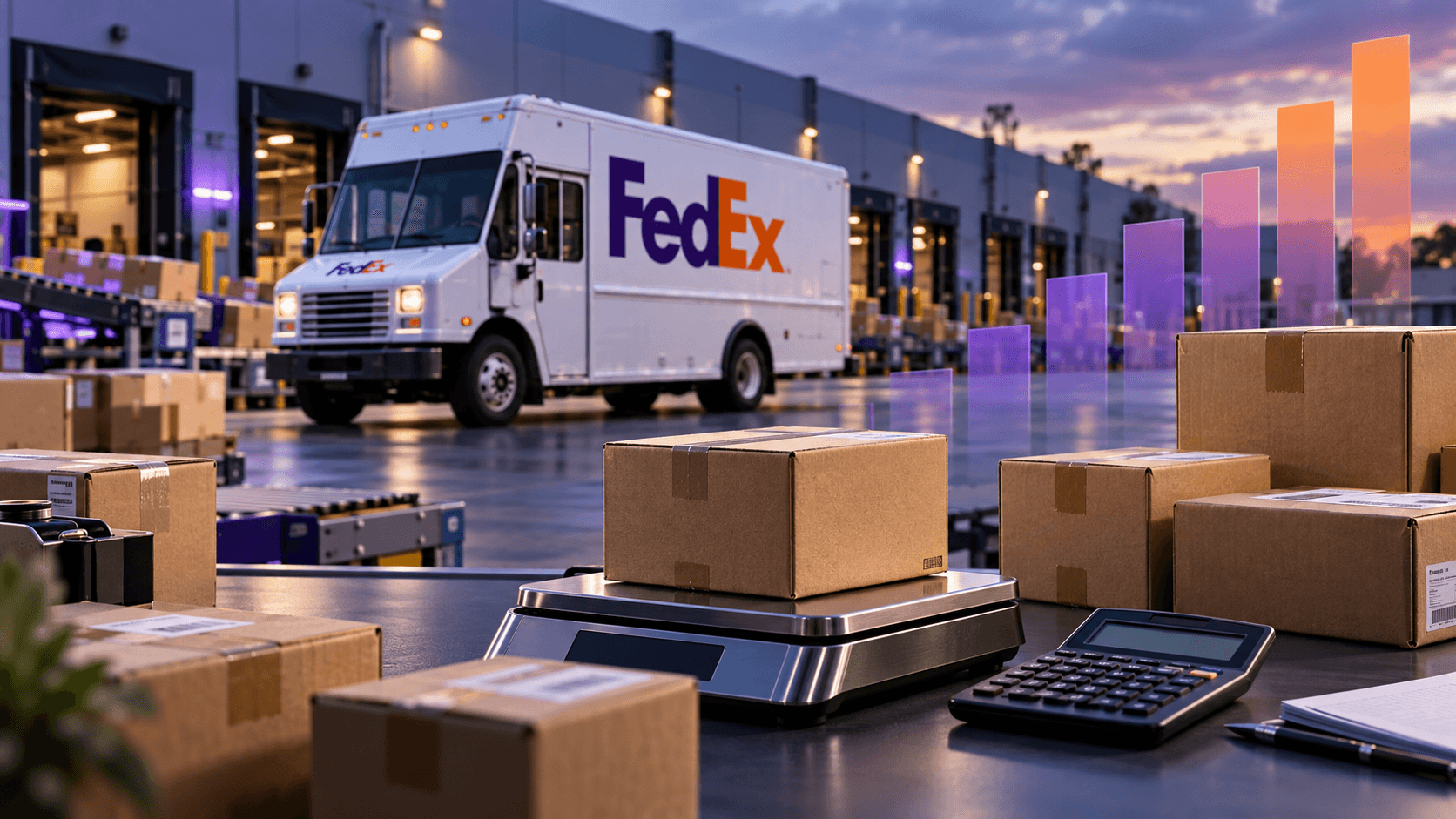 A parcel on a shipping scale beside a calculator, with a FedEx truck at a loading dock and rising bars of a chart behind