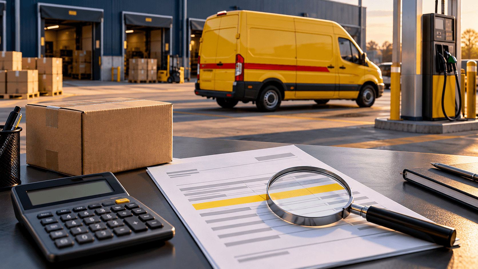 A shipping invoice under a magnifying glass beside a calculator and a parcel, with a yellow delivery van at a fuel pump behind