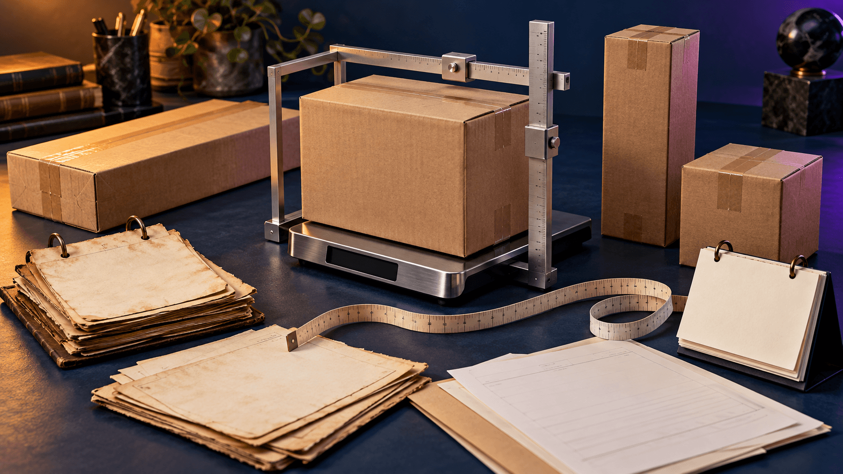 A carton on a scale inside a dimensioning frame, with a tape measure and stacks of aged rate sheets beside newer ones on a desk