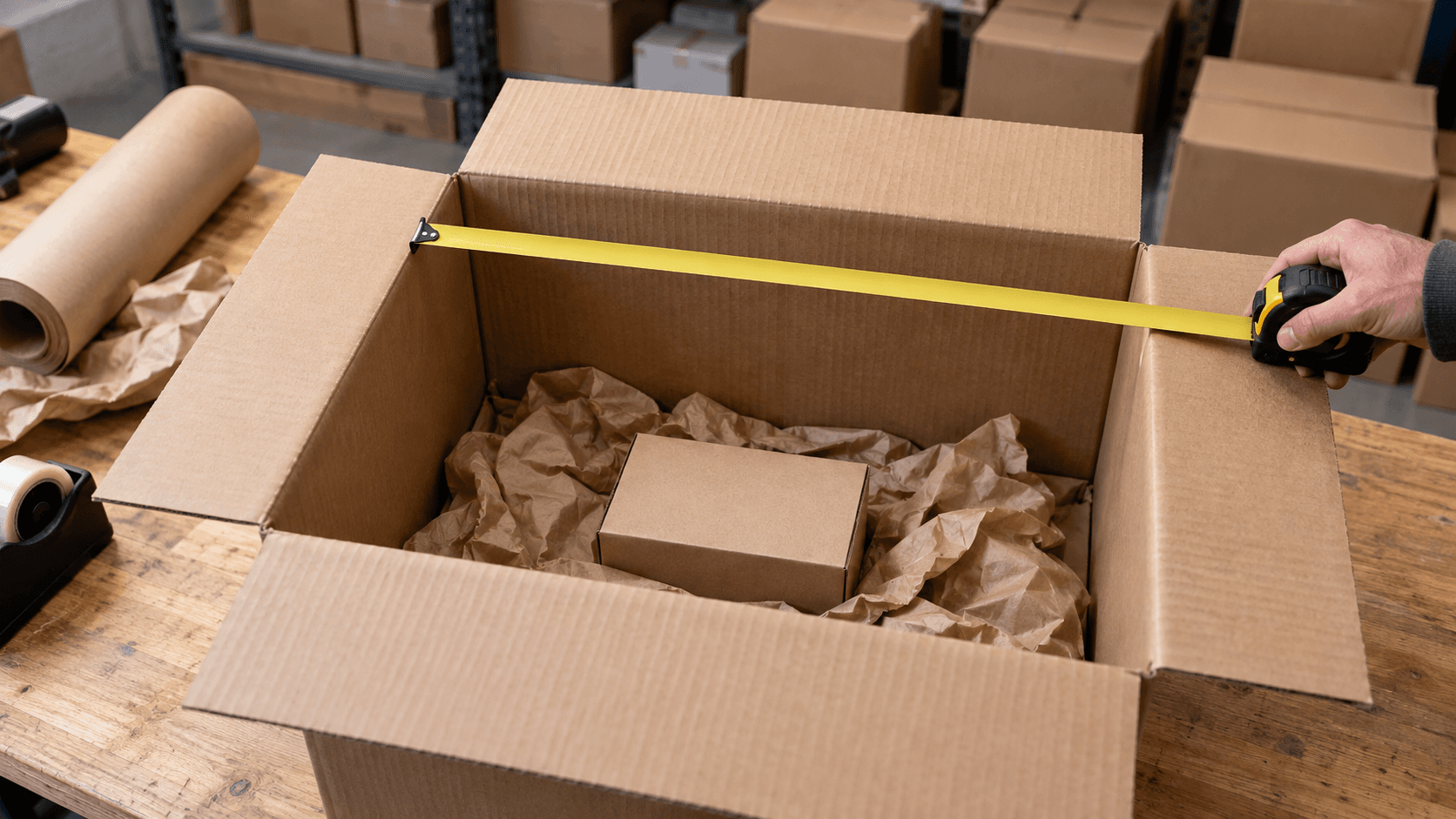 A tape measure stretched across a large open carton holding a small box in crumpled packing paper