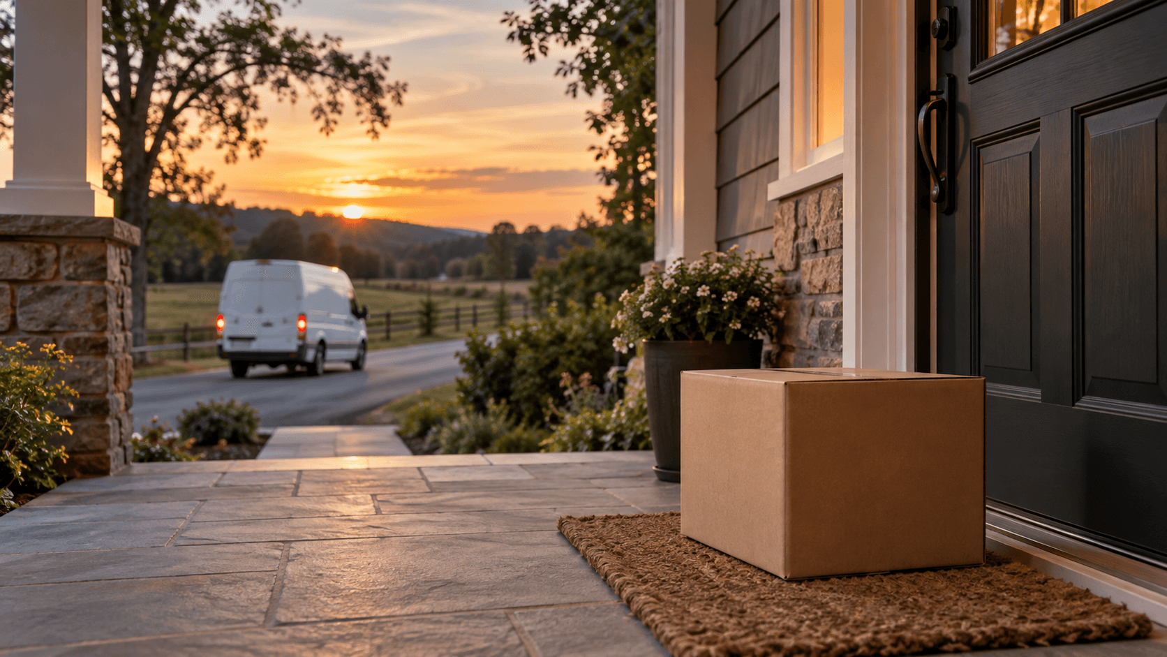 A parcel delivered to a residential front porch at sunset, with a white delivery van driving away down a rural road
