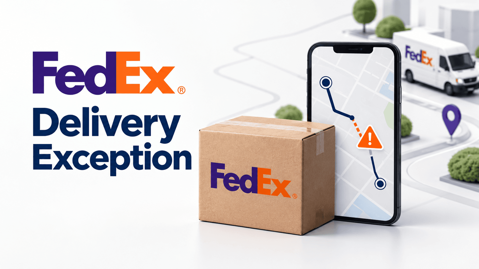 A FedEx box beside a phone showing a delivery route with a warning symbol where the route breaks, with a FedEx van behind and the title Delivery Exception