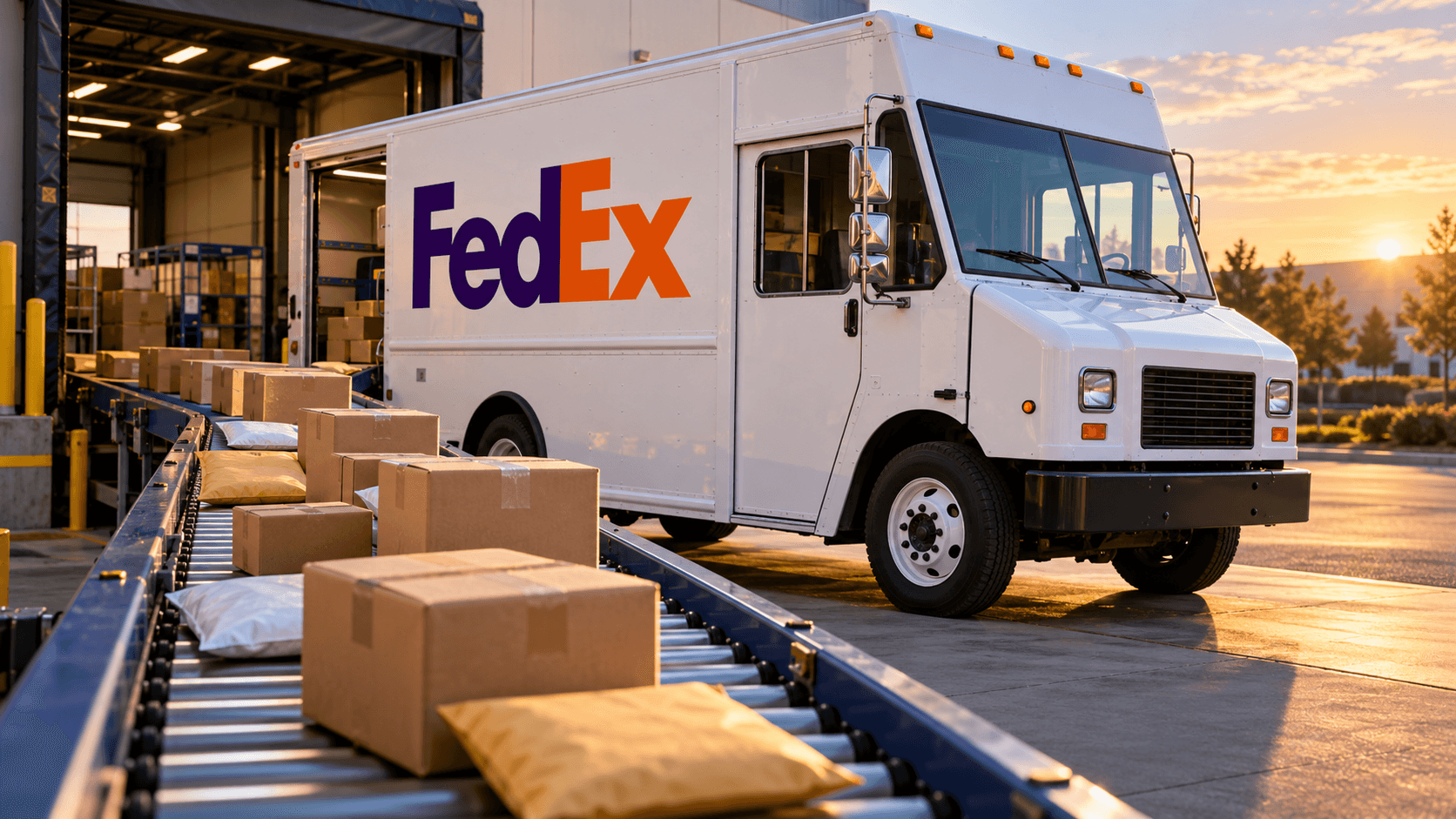 Illustration: a lightweight parcel passing from a FedEx trailer to a local delivery route, with a fee schedule alongside