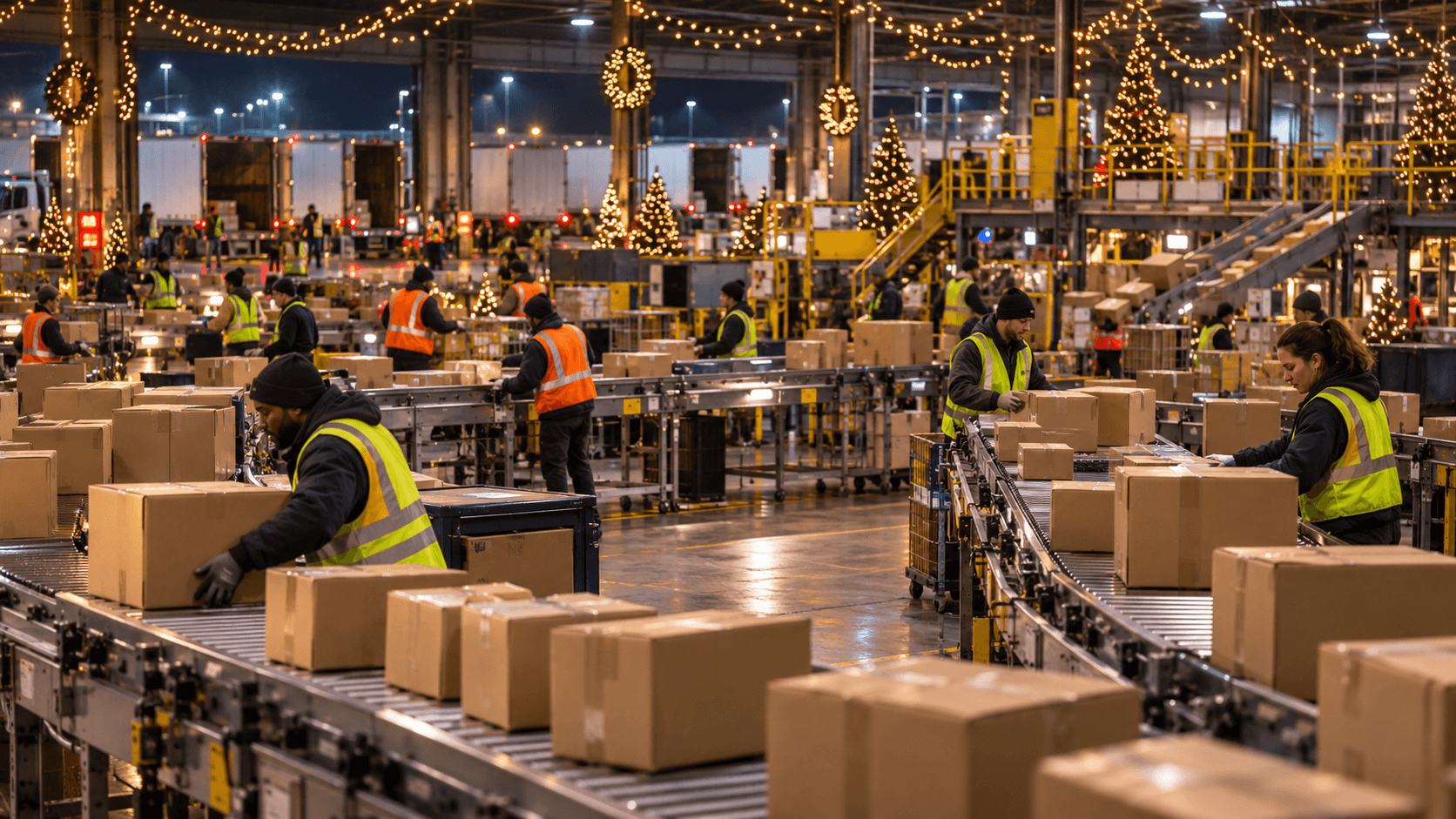 Workers sorting parcels on conveyors in a busy distribution hub decorated with holiday lights