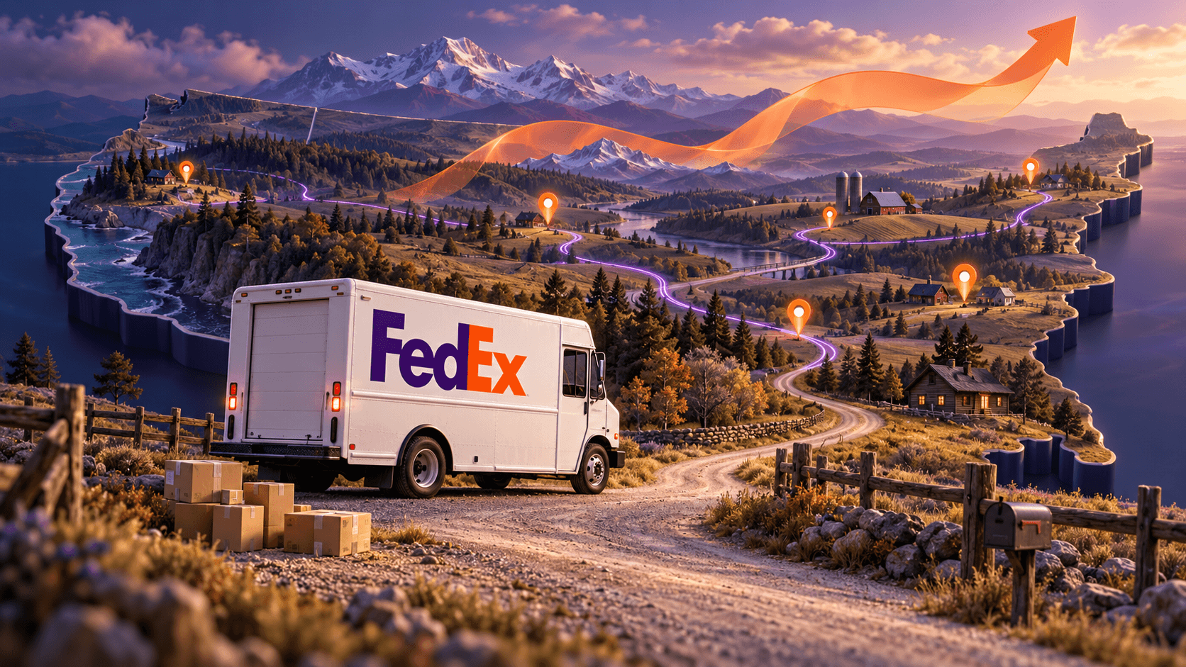 Illustration: a FedEx delivery truck on a gravel road above a rural landscape dotted with delivery pins, with a rising arrow across the sky