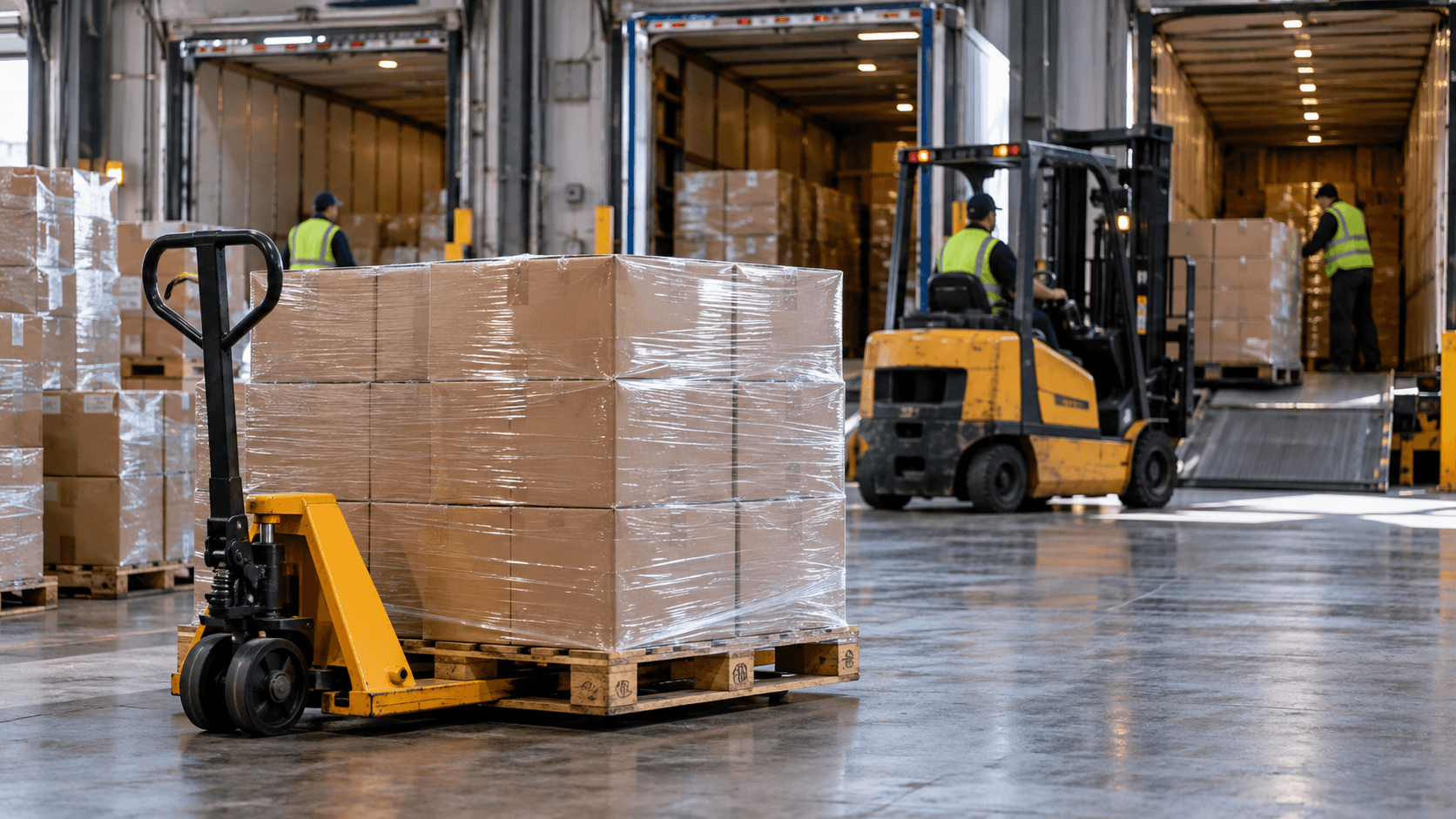 A shrink-wrapped pallet of cartons on a pallet jack at an LTL freight terminal, with a forklift loading trailers behind