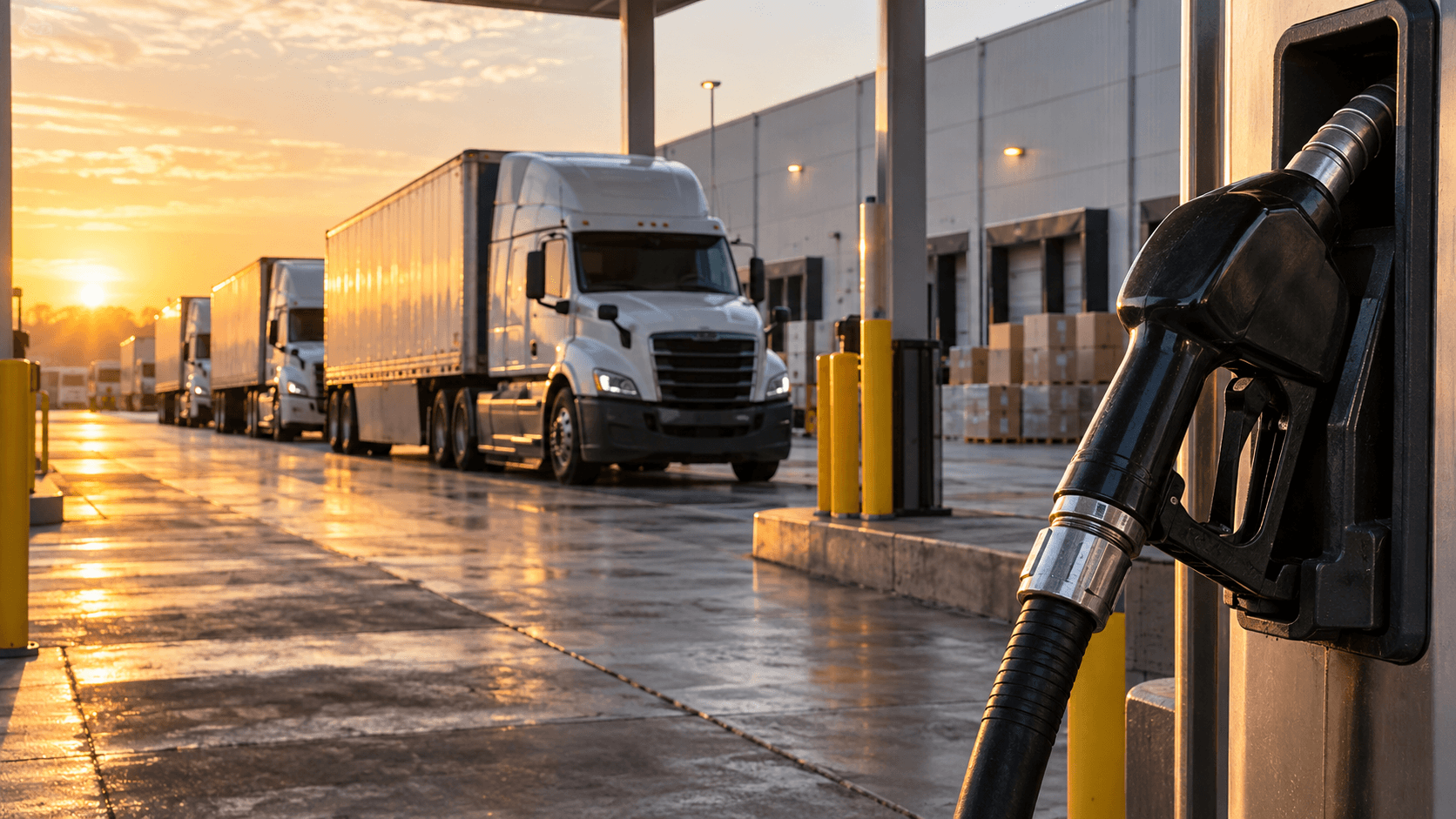 A diesel fuel nozzle in the foreground and tractor-trailers lined up at a distribution centre at sunrise