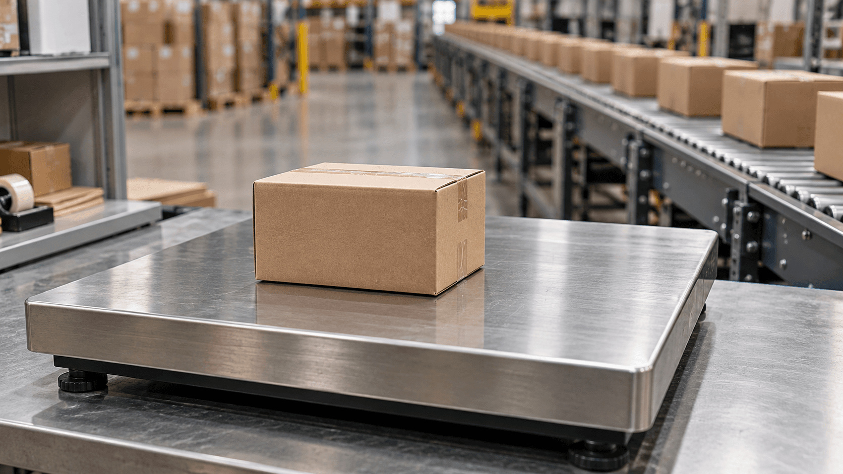 A single small parcel on a steel shipping scale, with a conveyor of parcels behind it in a warehouse