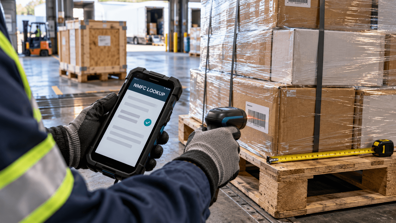 A dock worker in gloves holding a rugged handheld showing an NMFC lookup while scanning the label on a shrink-wrapped pallet, with a tape measure along the pallet base