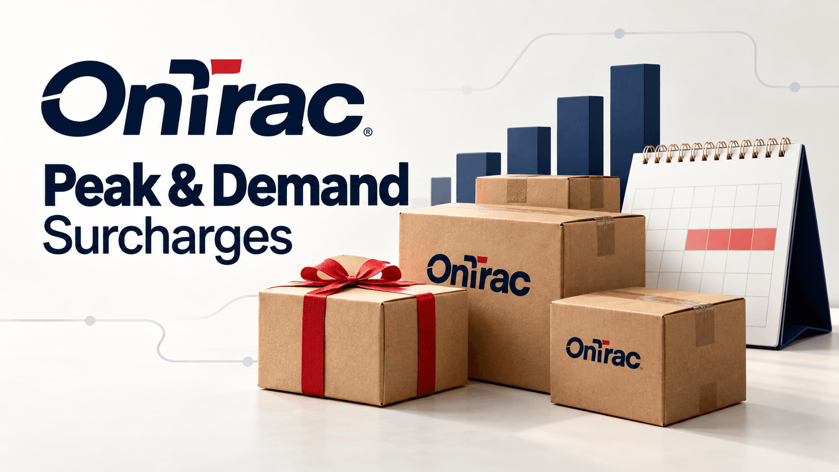 OnTrac boxes and a gift-wrapped parcel in front of a rising bar chart and a calendar with a highlighted holiday period, titled OnTrac Peak and Demand Surcharges