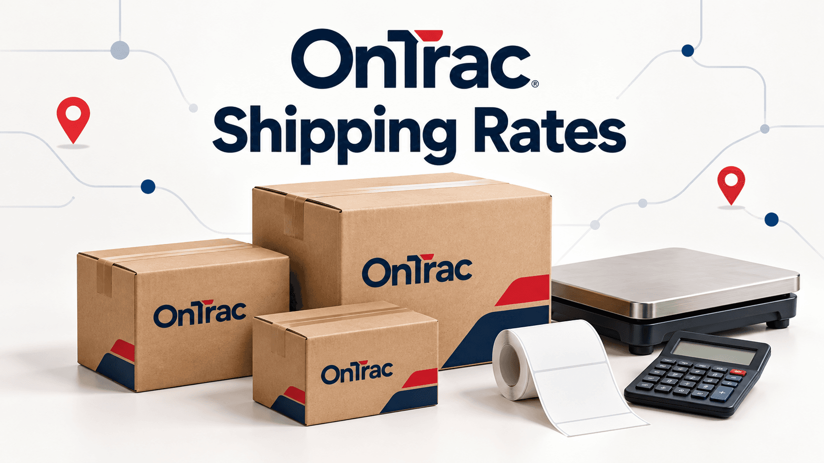 Three OnTrac boxes next to a shipping scale, a roll of labels and a calculator, under the title OnTrac Shipping Rates