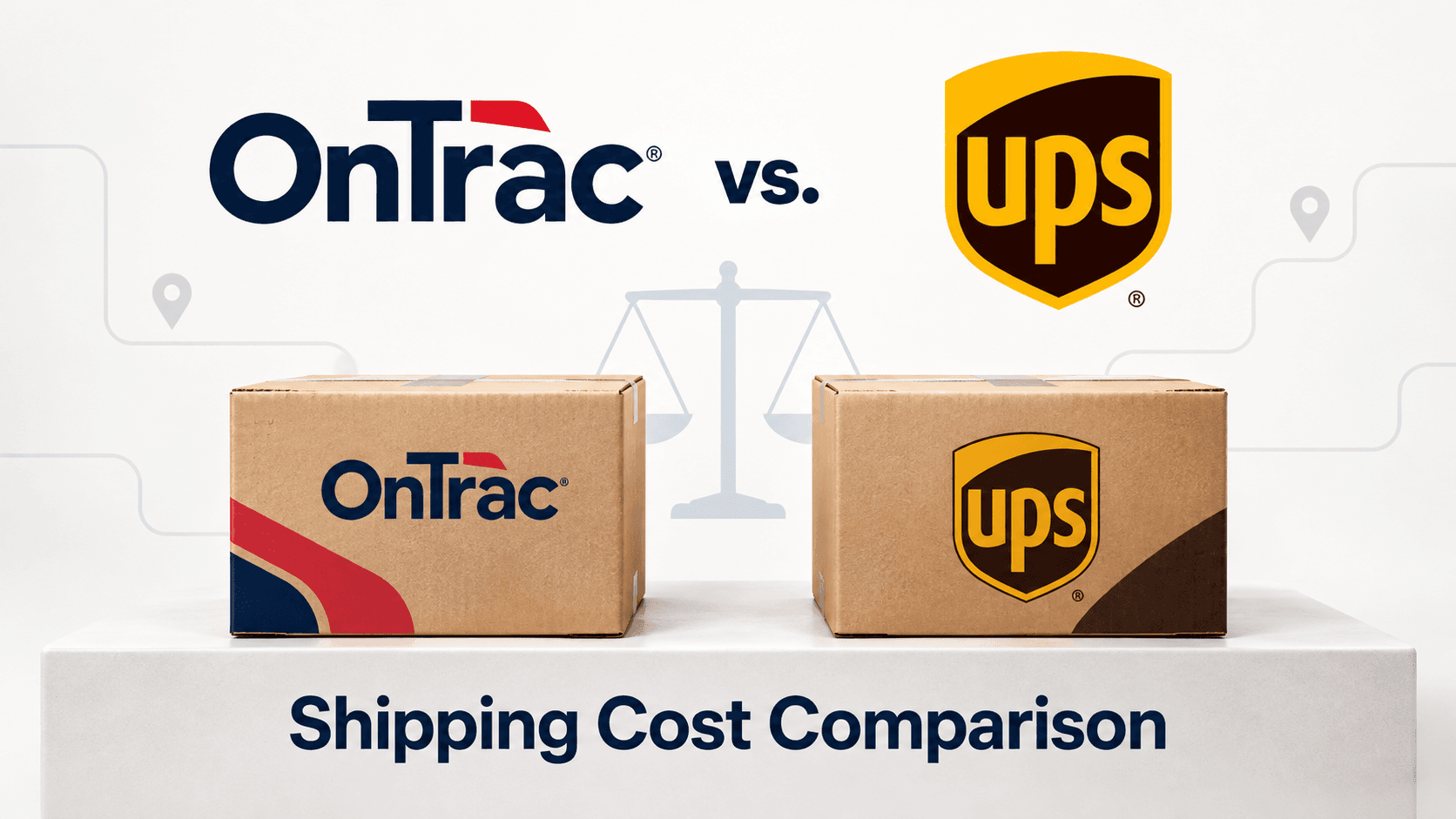 An OnTrac box and a UPS box side by side on a pedestal with a balance scale between them, titled OnTrac vs. UPS Shipping Cost Comparison