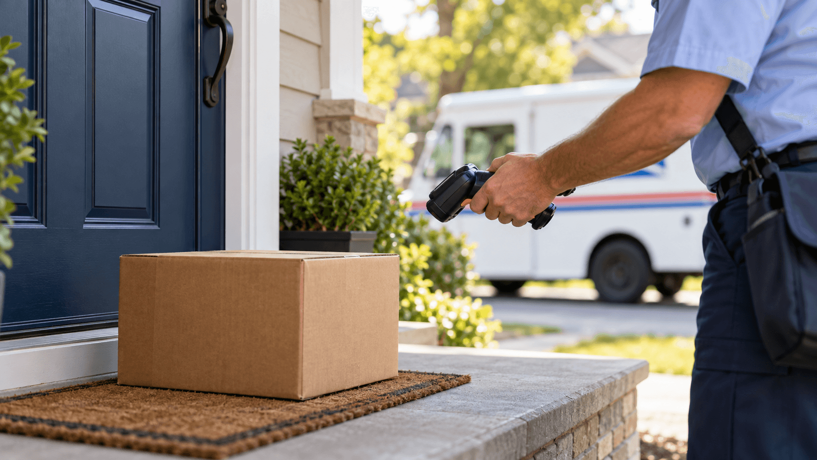A mail carrier pointing a handheld scanner at a package left on a front doorstep, with a postal delivery truck parked behind