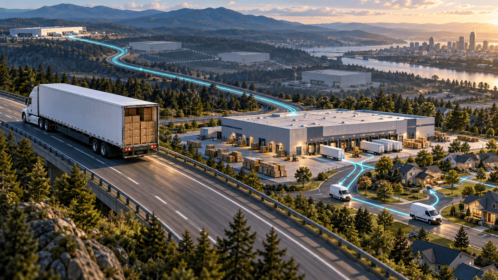 A loaded trailer on a highway heading to a regional parcel hub, with highlighted routes from the hub out to delivery vans in a nearby neighborhood