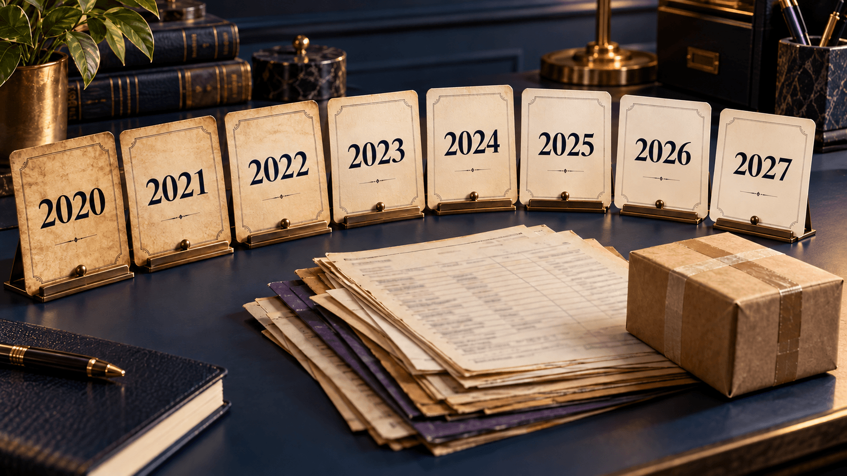 Eight year cards from 2020 to 2027 standing on a desk behind a stack of old shipping invoices and a parcel