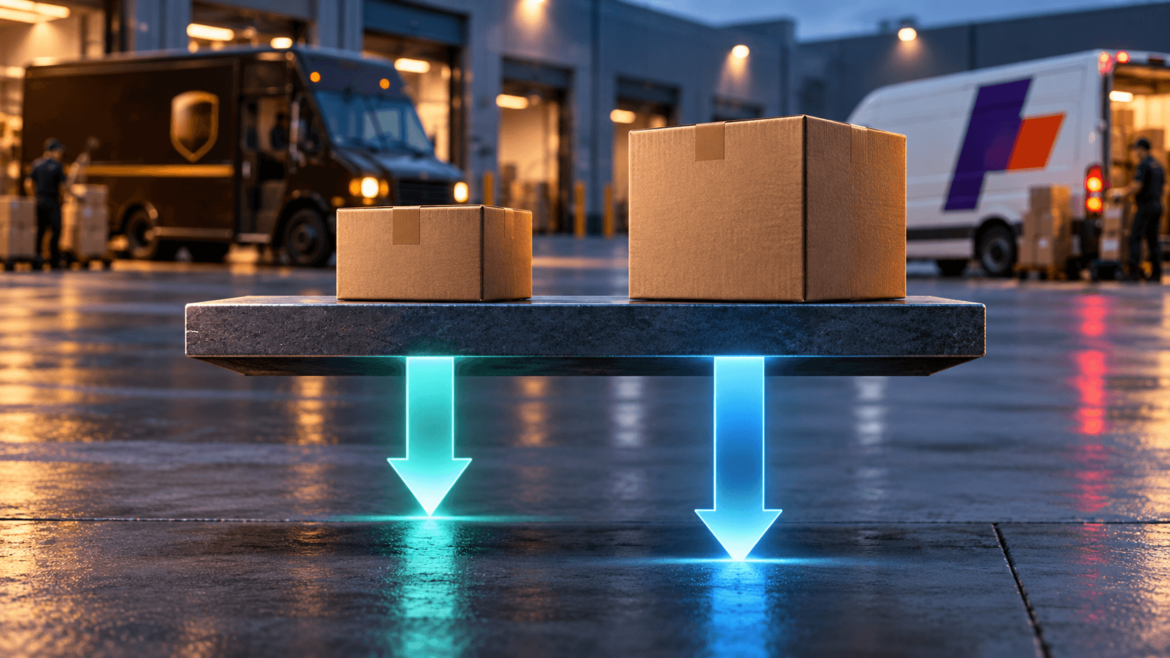 Two parcels resting on a heavy slab above glowing downward arrows, with delivery vans at a loading dock behind