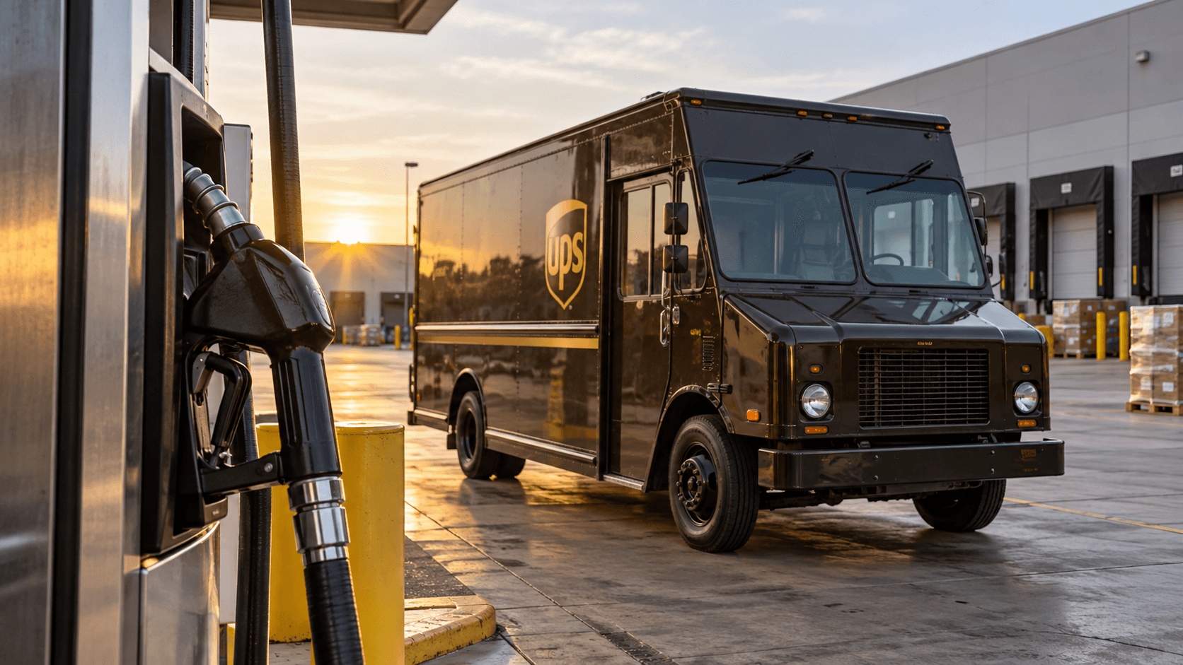 A UPS package truck parked beside a fuel pump at a distribution center loading dock at sunset
