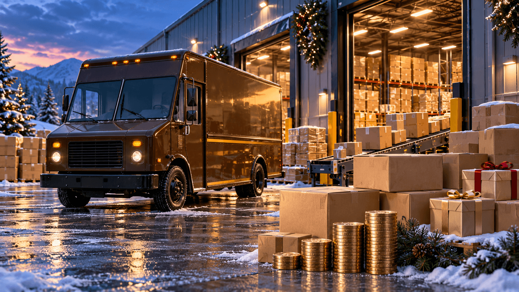 Illustration: UPS parcels moving along a conveyor beneath a rising cost curve marked with the peak season weeks