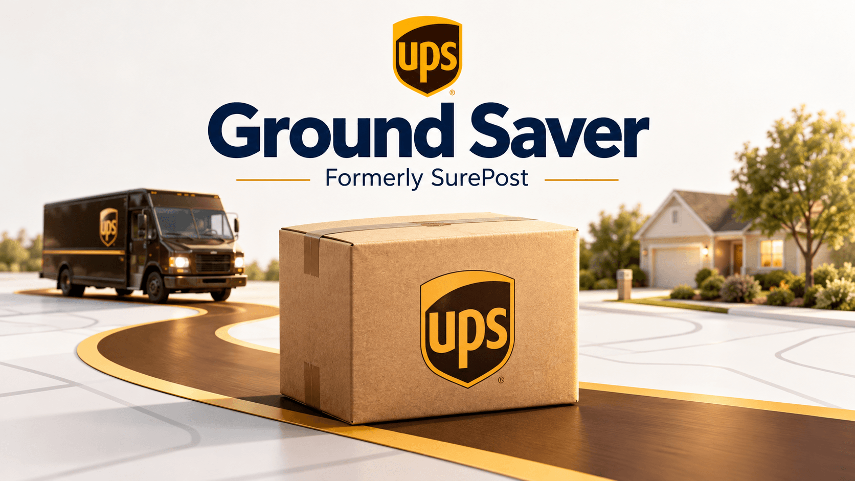 A cardboard box with the UPS shield on a brown and gold delivery path between a UPS truck and a suburban house, under the title Ground Saver, formerly SurePost