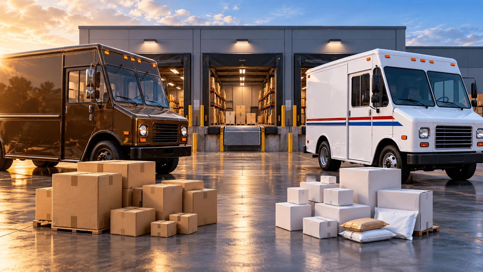 Illustration: a UPS parcel and a USPS parcel on opposite sides of a balance, above a map of delivery zones