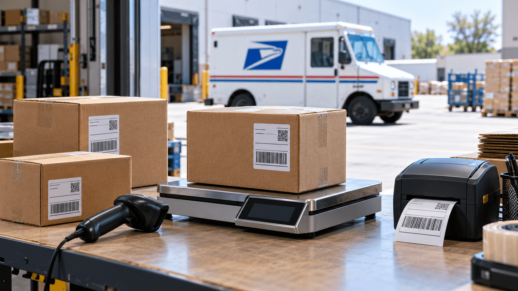A labelled carton on a shipping scale beside a label printer and barcode scanner, with a postal delivery truck at the loading dock behind