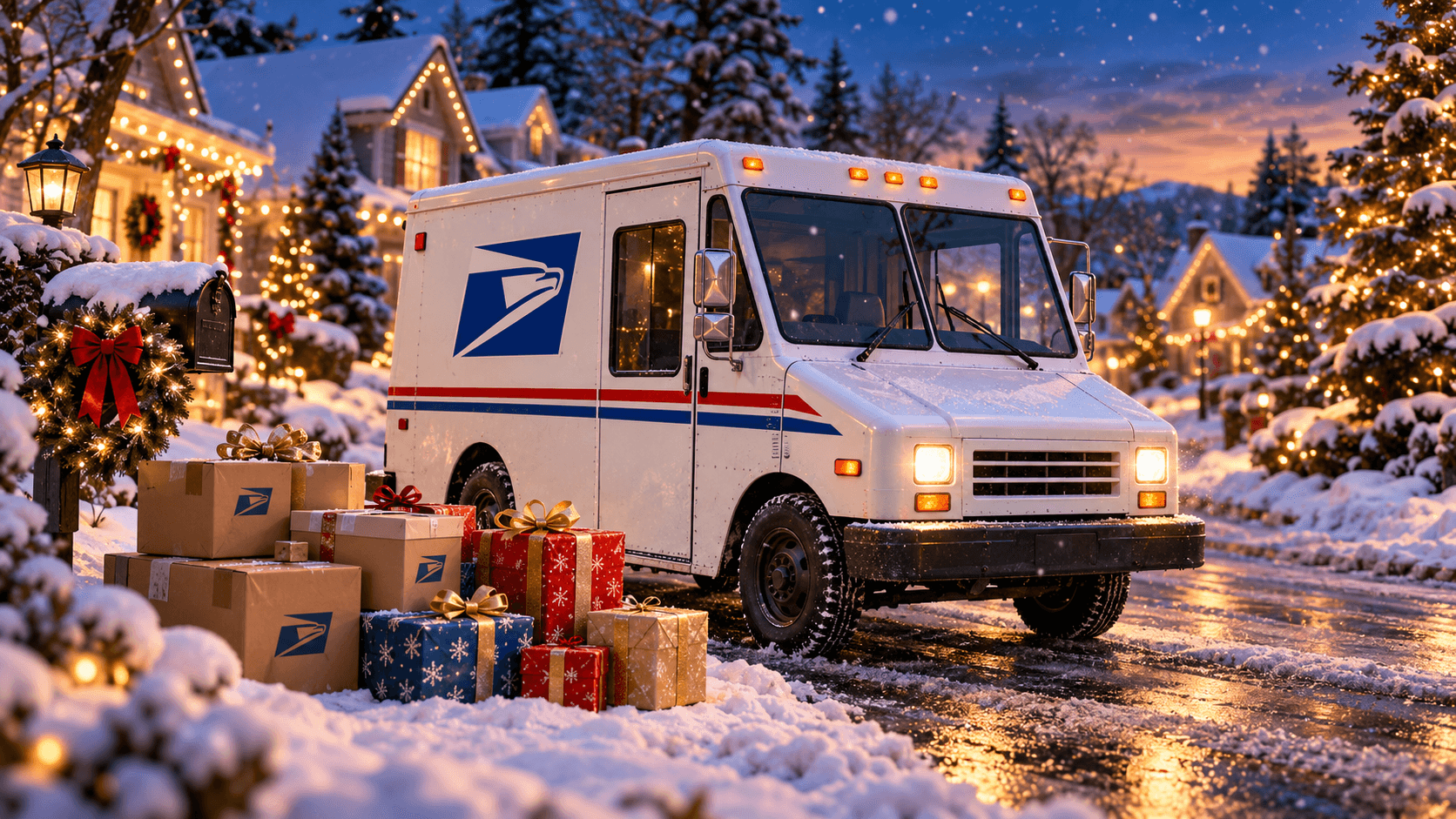 Illustration: a USPS delivery truck on a snowy street at dusk beside a stack of wrapped holiday parcels, with lit houses behind