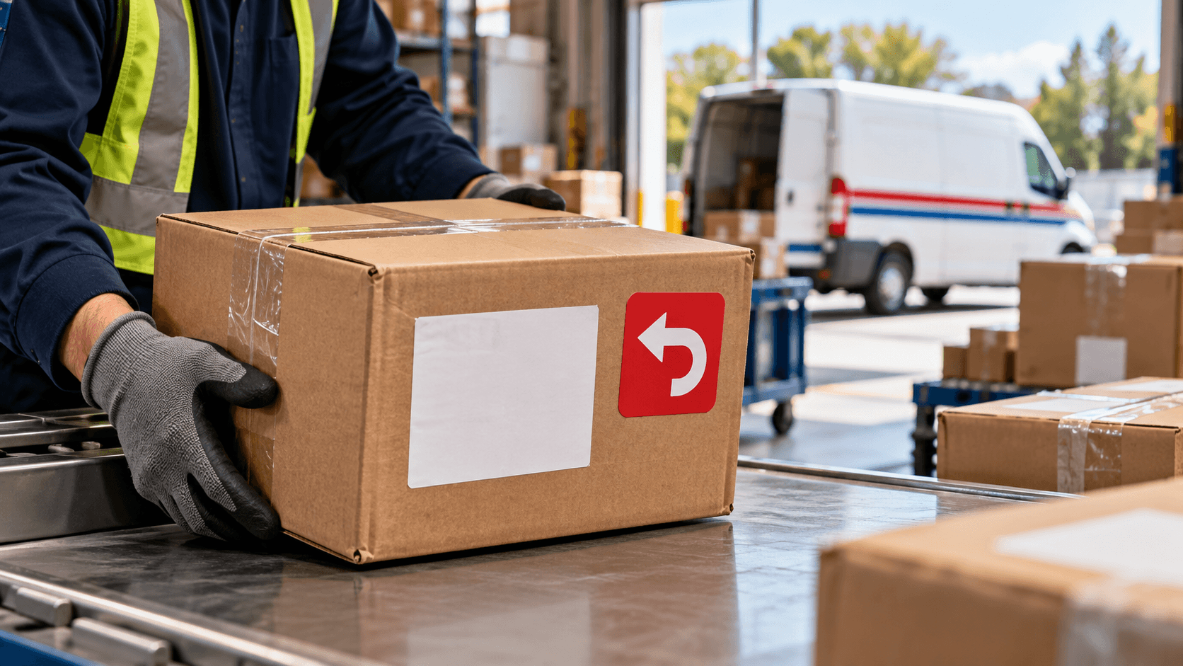 A gloved worker setting a carton with a red return-arrow sticker on a sorting table at a loading dock, with a delivery van behind