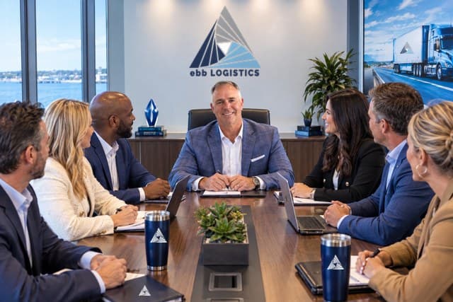 Ray Johnson with the ebb Logistics team around a conference table