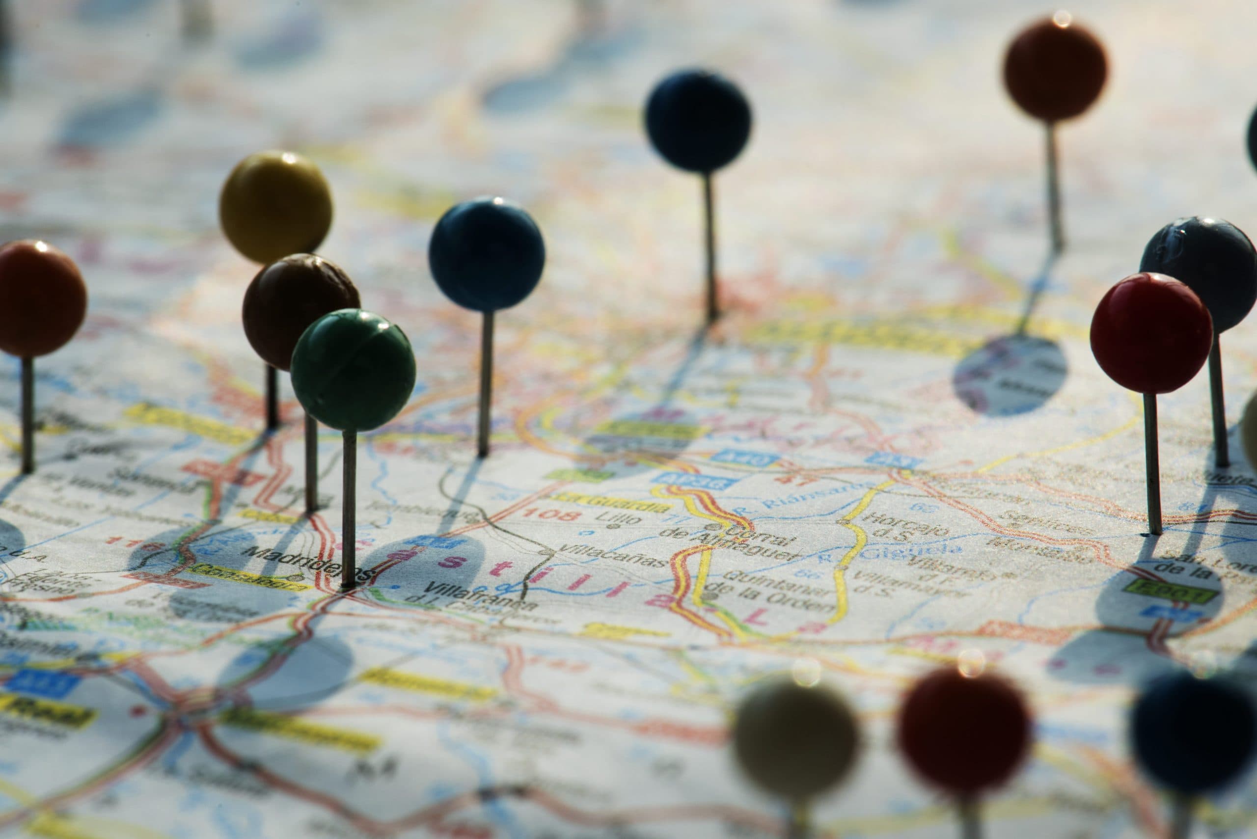 Pins of addresses on a Map in the United States