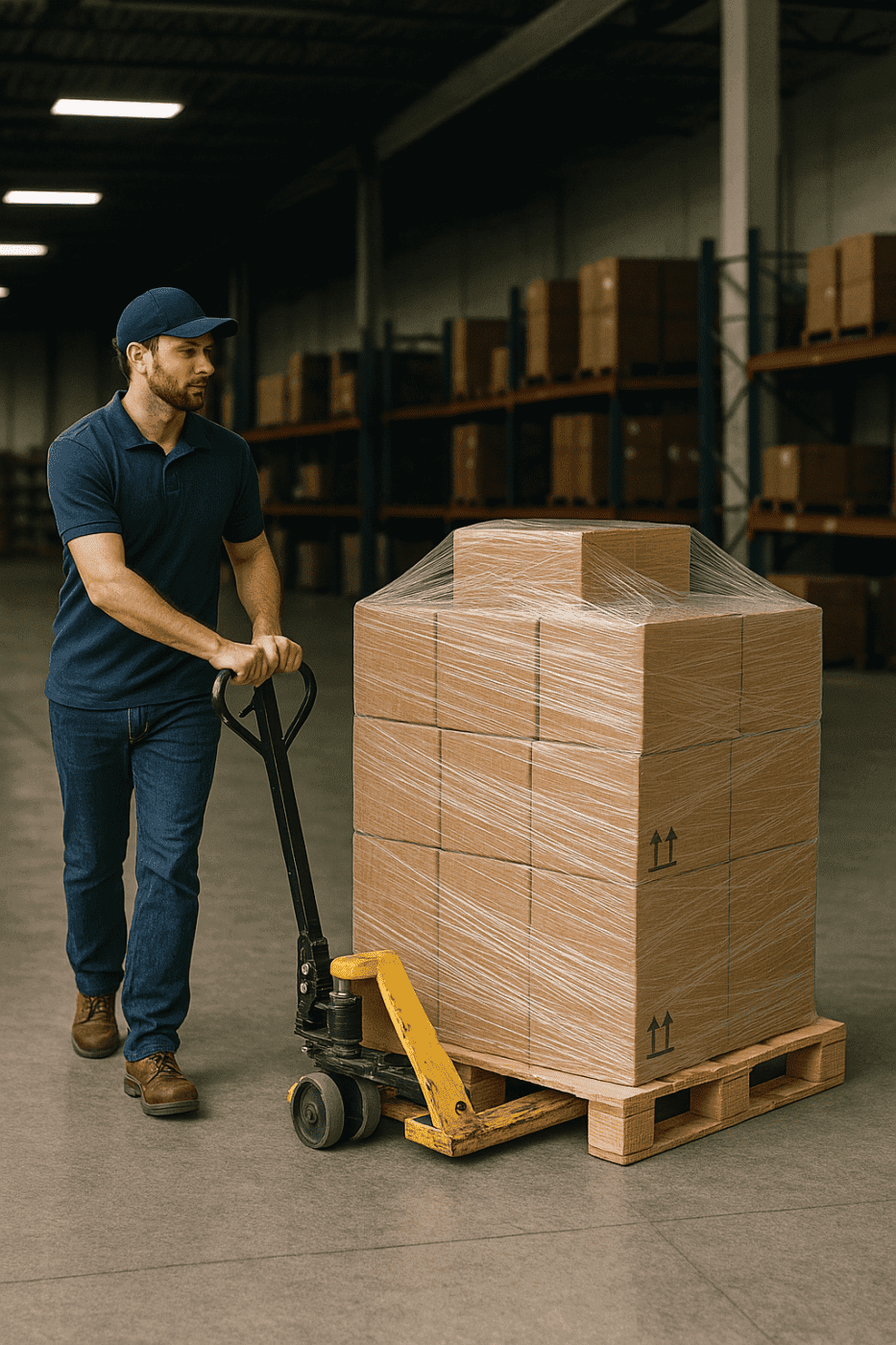 Man pulling Freight on a pallet.